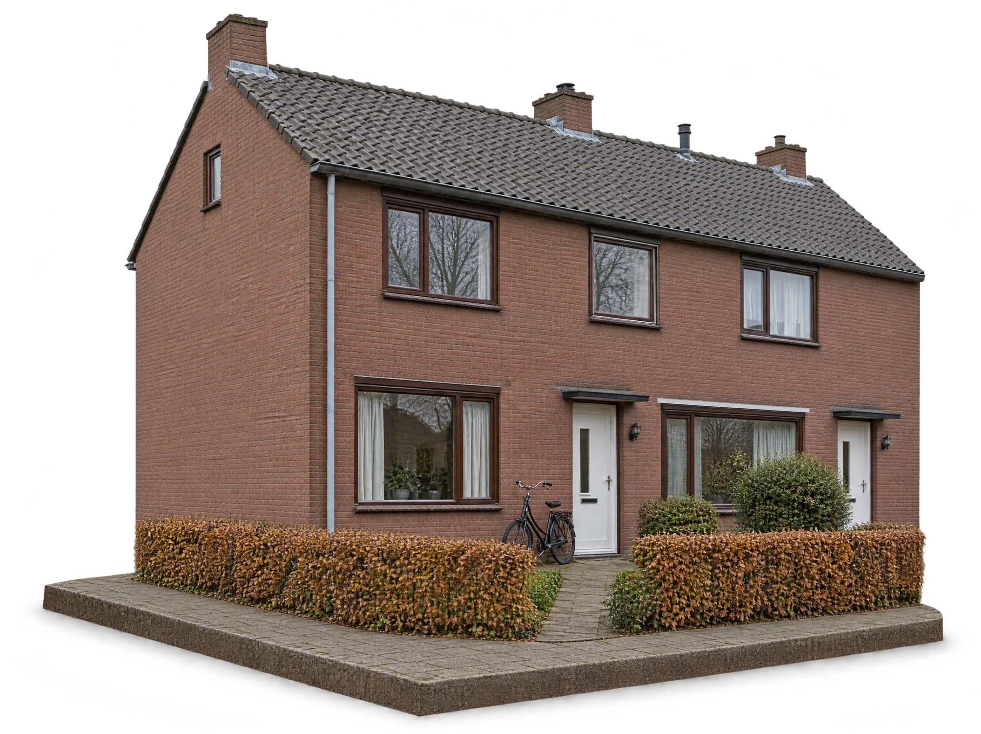 Een bakstenen hoekwoning uit de jaren '70 met de buurwoning, als maquette op een stukje voortuin
