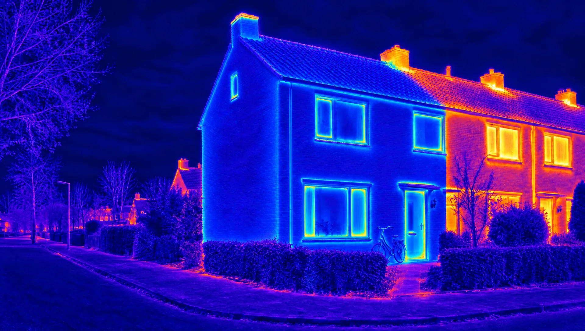 Na het isoleren kleurt de hoekwoning op de warmtecamera blauw, terwijl de buren nog oranje gloeien