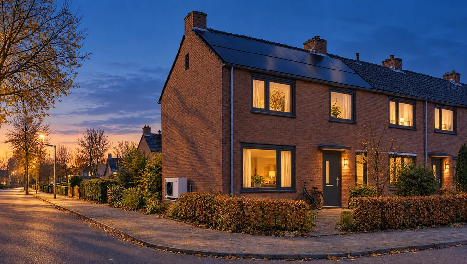 De verduurzaamde hoekwoning bij avondschemering, met warm licht achter de ramen