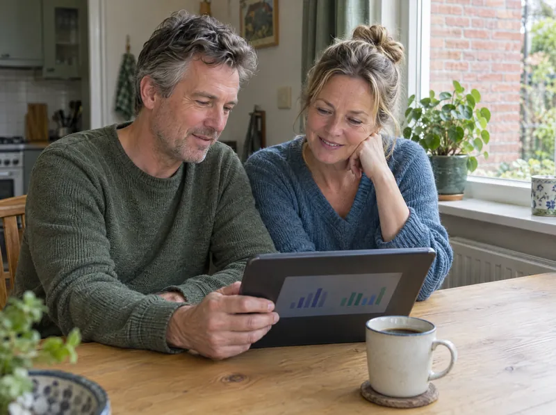 Een stel aan de keukentafel bekijkt samen de berekening voor hun huis