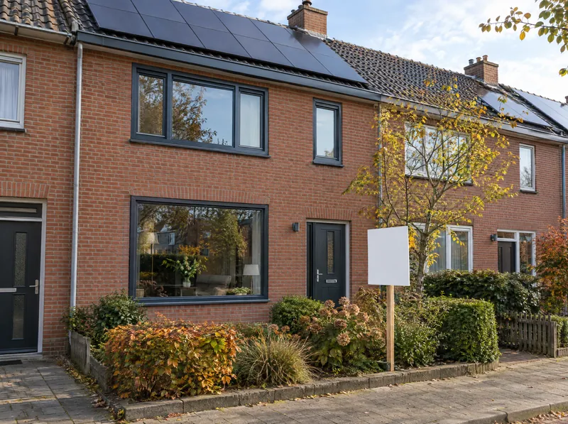 Een verkocht-bord in de voortuin van een verduurzaamde rijwoning